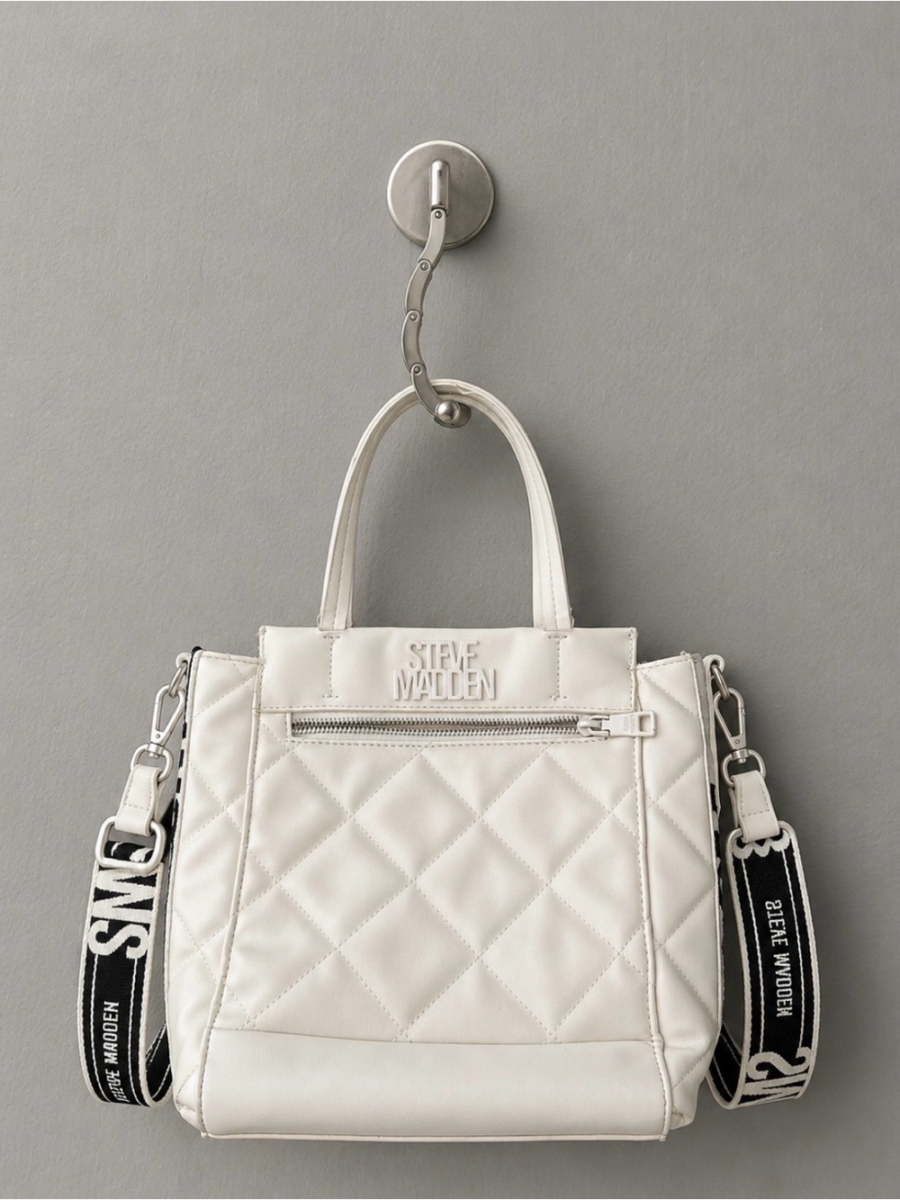 Steve Madden Cream Quilted Tote with Logo and removable  cross body strap